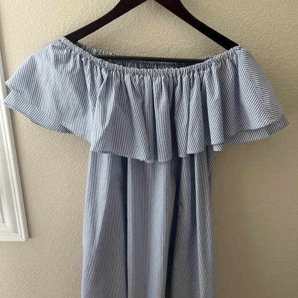 Zara Off-Shoulder Light Blue Striped Mini Dress - Picture 2 of 4